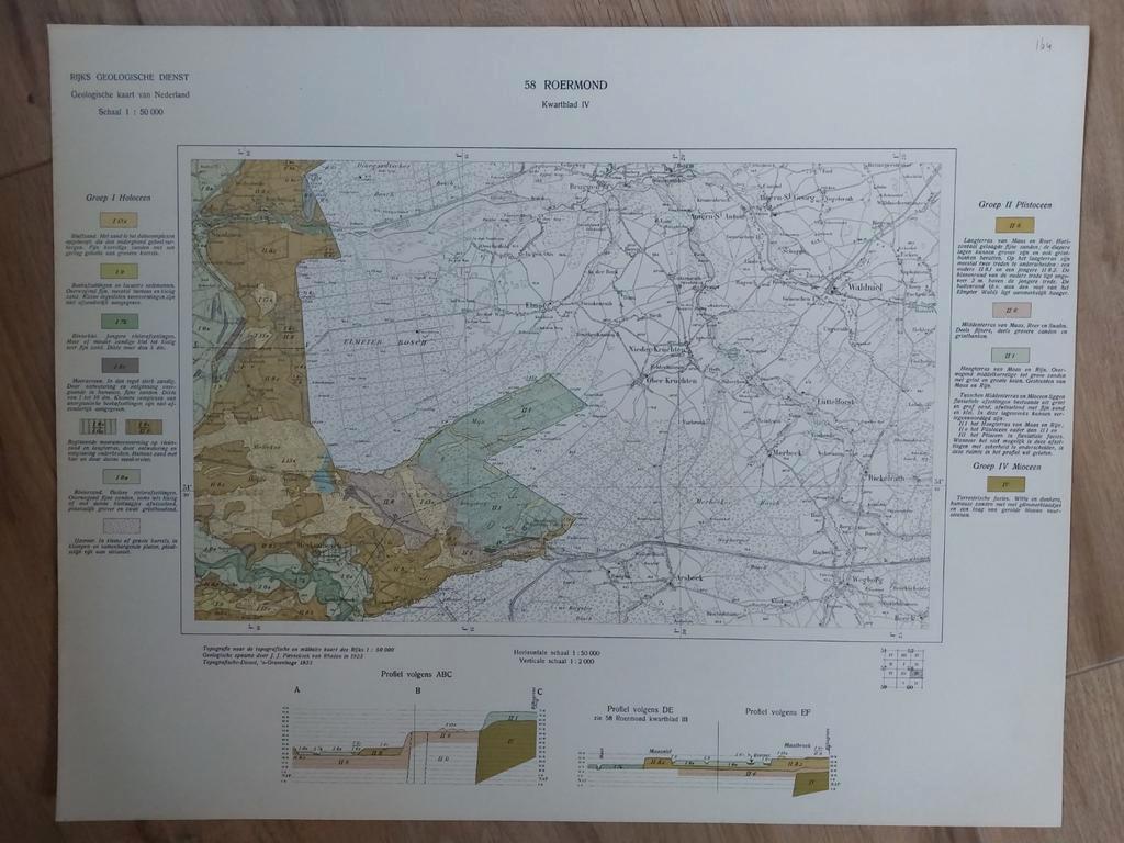 164 / Geologische kaart uit 1933 Roermond e.o. kwarblad IV, Boeken, Atlassen en Landkaarten, Ophalen of Verzenden, 1800 tot 2000