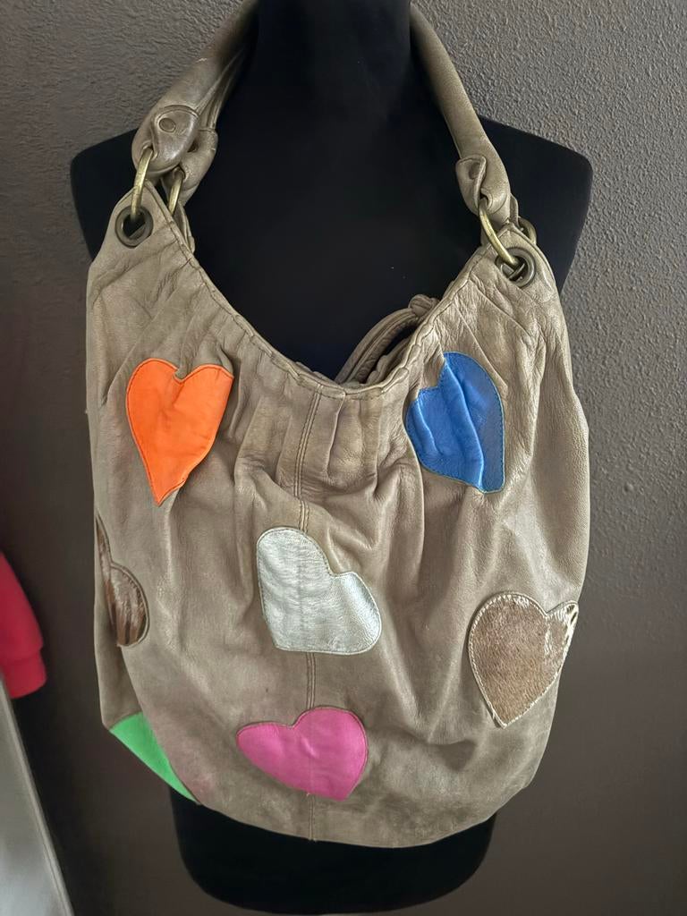 FAB Dames Leren Tas Beige met Gekleurde Hartjes Rits, Ophalen of Verzenden, Gebruikt, Beige, Overige typen