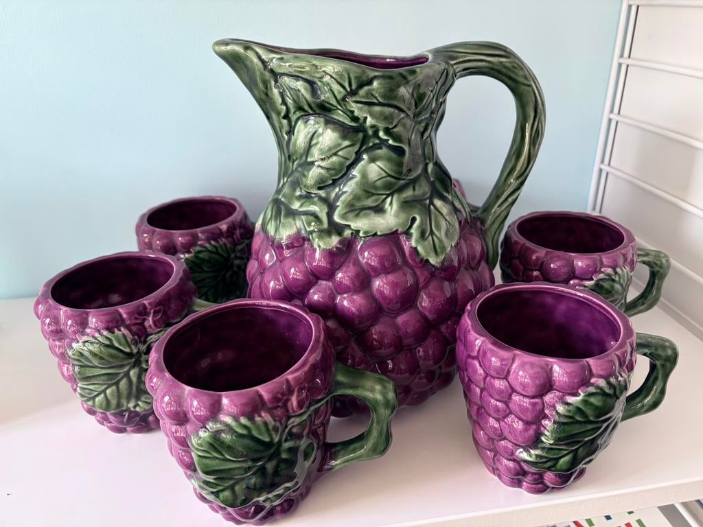 Vintage Majolica druiven kan met 6 bekers - Uitstekende staa, Ophalen of Verzenden