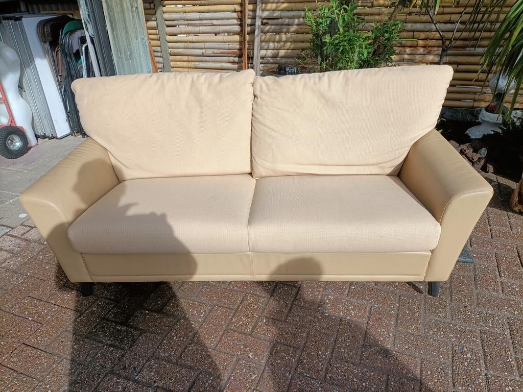 Design Leolux (?) 2 zits bank. Leer met stof., Ophalen, Gebruikt, 150 tot 200 cm, Tweepersoons