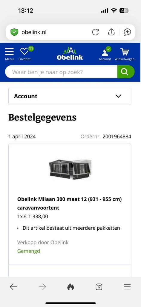 Obelink Milaan 300 voortent maat 12 bj 2024, Caravans en Kamperen, Voortenten en Luifels, Ophalen, Zo goed als nieuw