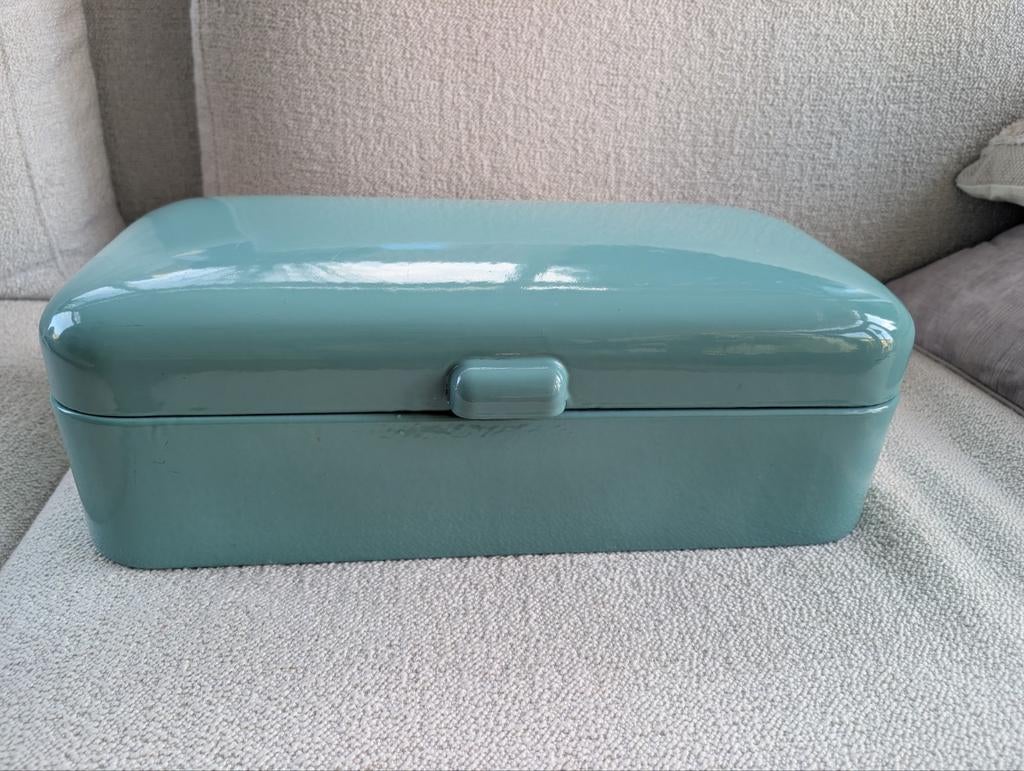 Broodtrommel jaren 60, geëmailleerd, turkoois, blauw-groen,, Ophalen of Verzenden