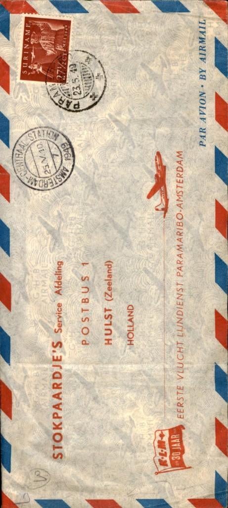 Suriname - FFC - Amsterdam - KLM - 1949, Postzegels en Munten, Brieven en Enveloppen | Nederland, Verzenden, Envelop
