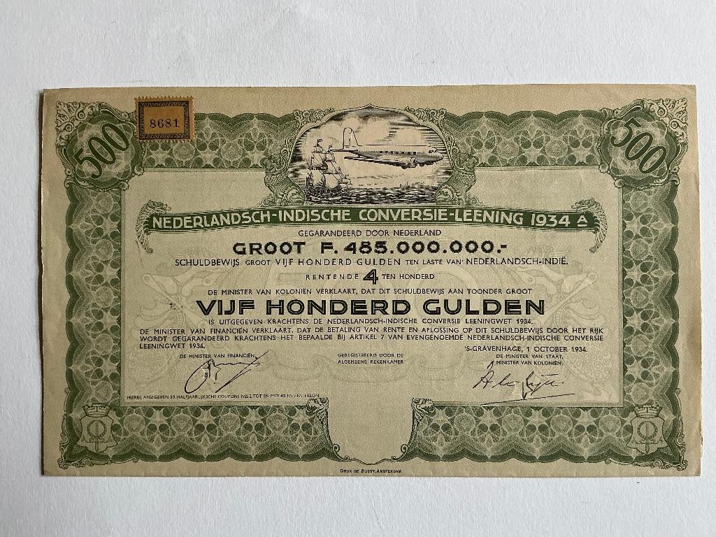 4% Nederlands-Indië 1934, 500 Gulden, Specimen, Postzegels en Munten, Aandelen en Waardepapieren, Ophalen of Verzenden, 1920 tot 1950