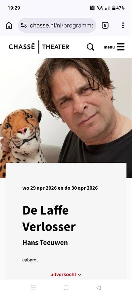 1 kaartje Hans Teeuwen 29 april in Chassé, Eén persoon, April