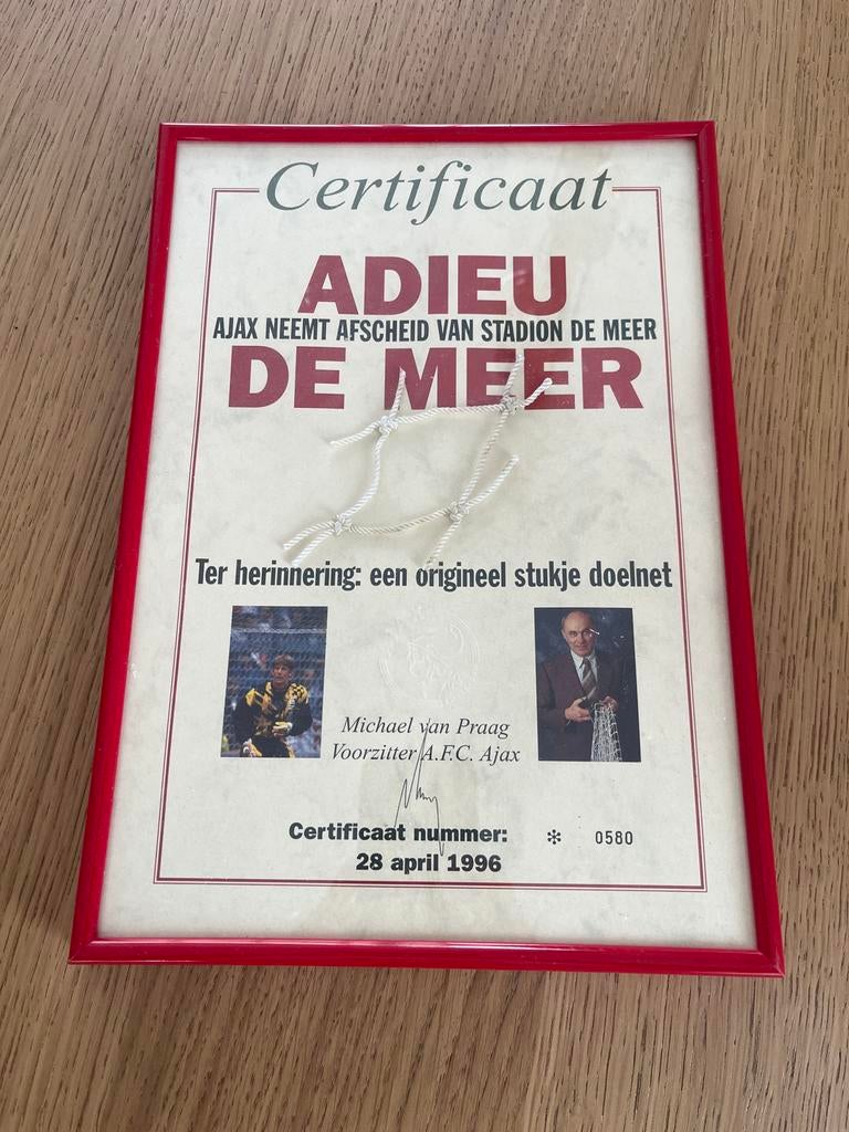 Ajax herinnering: Certificaat afscheid Stadion De Meer, Ophalen, Gebruikt, Ajax, Overige typen