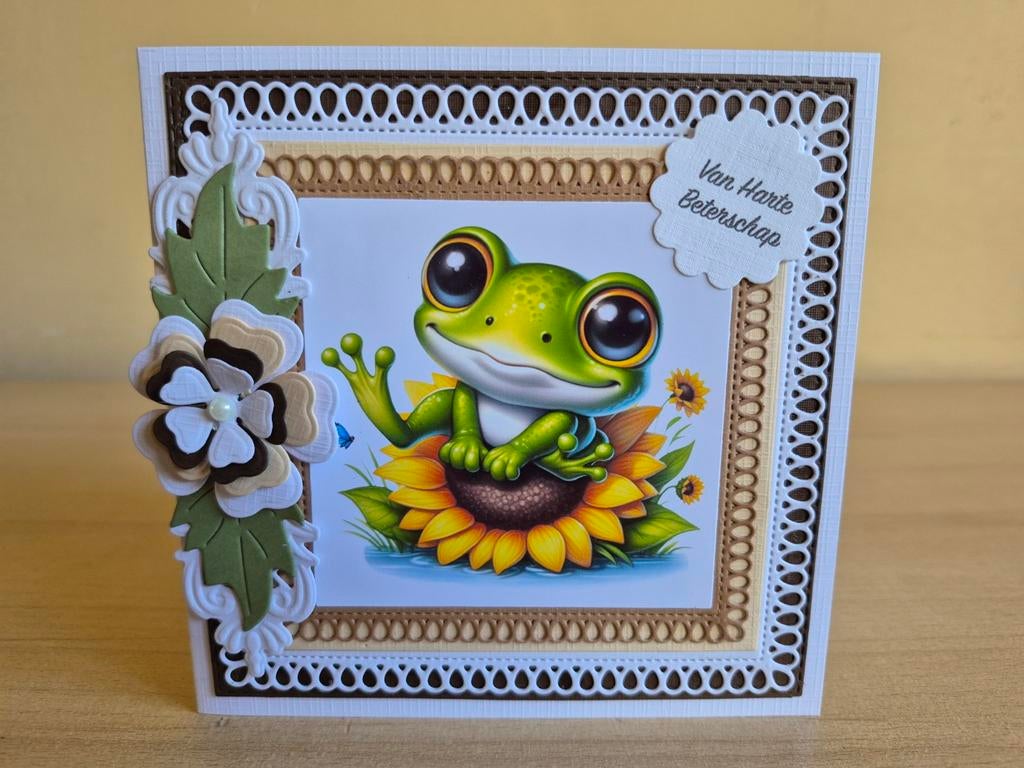 112a) zelfgemaakte kaart- kikker op zonnebloem, Ophalen of Verzenden, Nieuw, Kerst