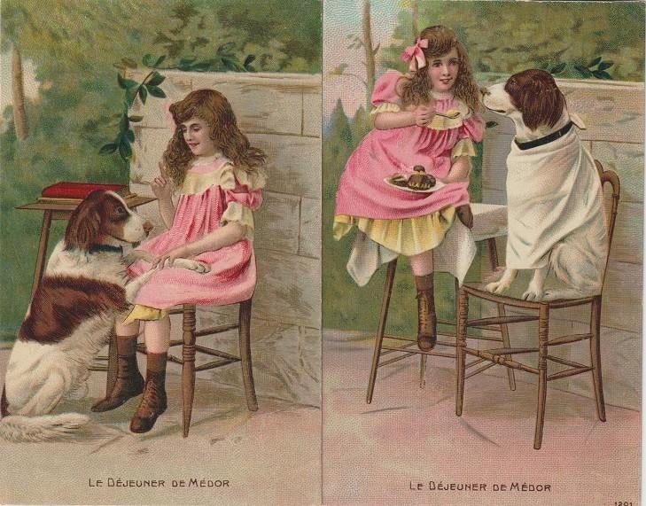 2x meisje lang haar met haar hond, Verzenden, Voor 1920, Ongelopen, Overige thema's