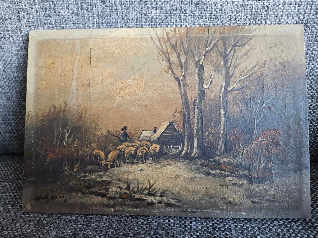 Oud schilderij herder met schapen in bos, Ophalen of Verzenden