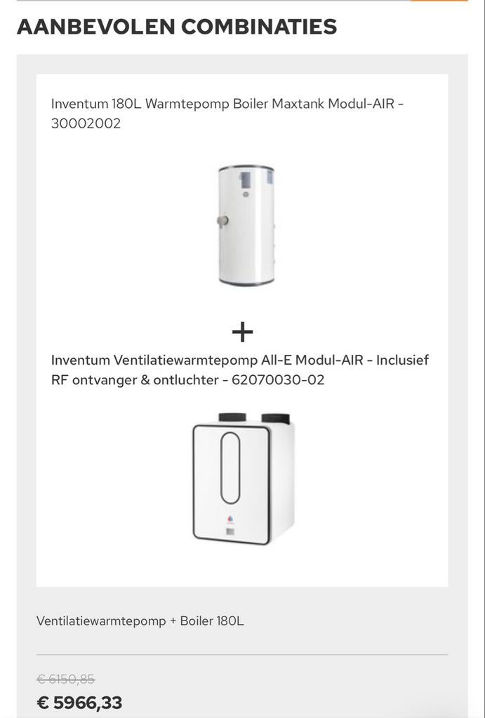 Inventum ventilatiewarmtepomp en boiler 180L, Ophalen, Gebruikt, Overige typen, Hoog rendement (Hr)