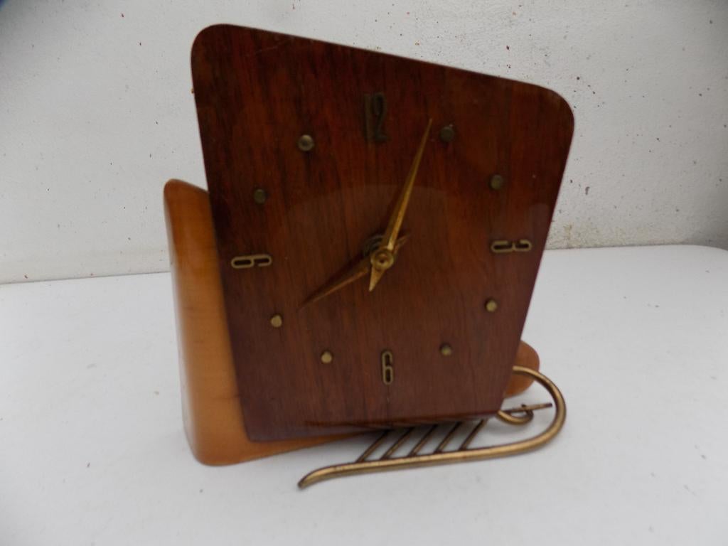 Klok tafelklokje jaren 50 60 plywood werkend vintage retro, Ophalen of Verzenden, Gebruikt