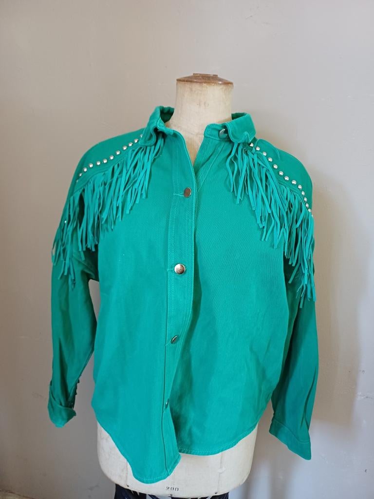 Groen spijkerjasje JS Millenium L met franjes en studs, Kleding | Dames, Maat 42/44 (L), Ophalen of Verzenden, JS Millenium, Gedragen