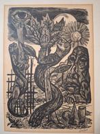 Houtsnede met symbolische figuren lou stuk, Antiek en Kunst, Ophalen of Verzenden