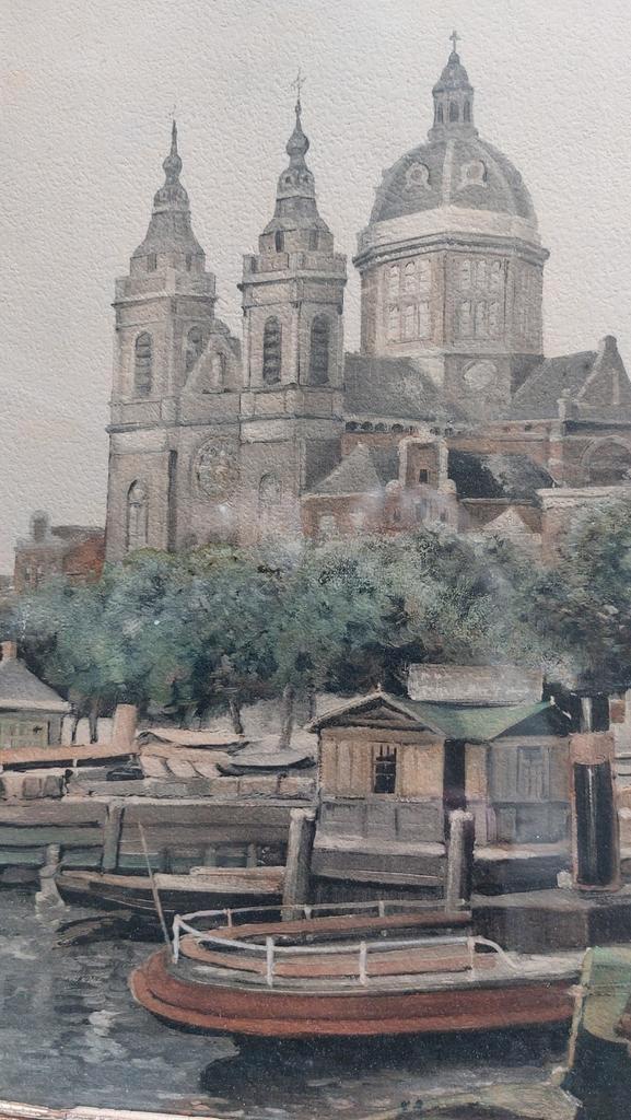 Aquarel St Nicolaaskerk Amsterdam, Antiek en Kunst, Kunst | Schilderijen | Klassiek, Ophalen