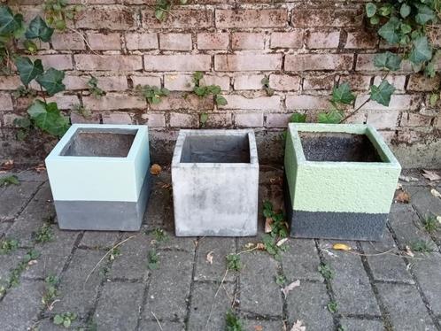 3 vierkante plantenbakjes 22x22x22cm clay fibre grijs groen, Tuin en Terras, Bloembakken en Plantenbakken, Gebruikt, Overige materialen