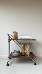 Vintage mid century trolley / serveerwagen van hout / chroom, Ophalen, 50 tot 100 cm, Vintage, Zo goed als nieuw