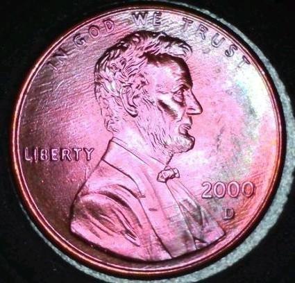 Toned Lincoln Cent 2000 D, Postzegels en Munten, Munten | Amerika, Losse munt, Noord-Amerika, Ophalen of Verzenden