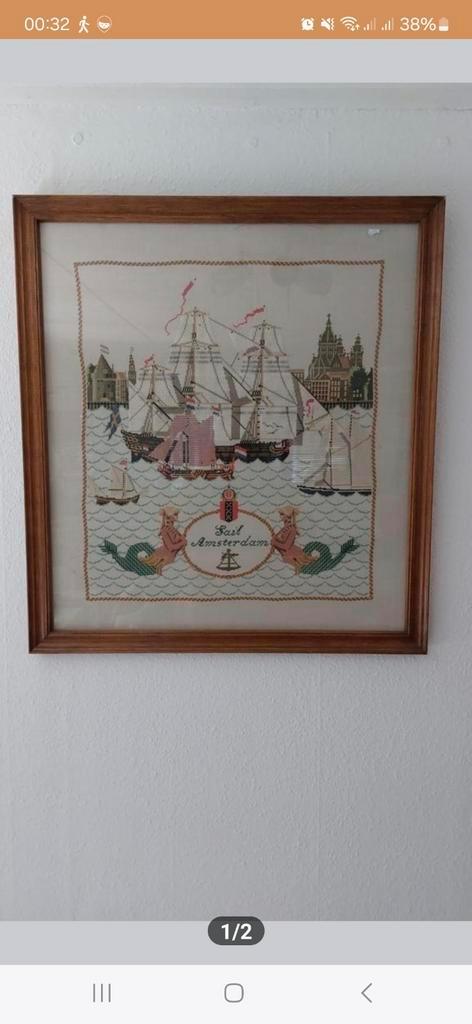Sail artwork in frame borduurwerk schepen boten, Verzamelen, Scheepvaart, Gebruikt, Gebruiksvoorwerp, Zeilboot, Ophalen of Verzenden