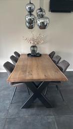 Boomstam tafel eiken met 6 stoelen, Huis en Inrichting, Tafels | Eettafels, Ophalen, Eikenhout, 200 cm of meer, 50 tot 100 cm