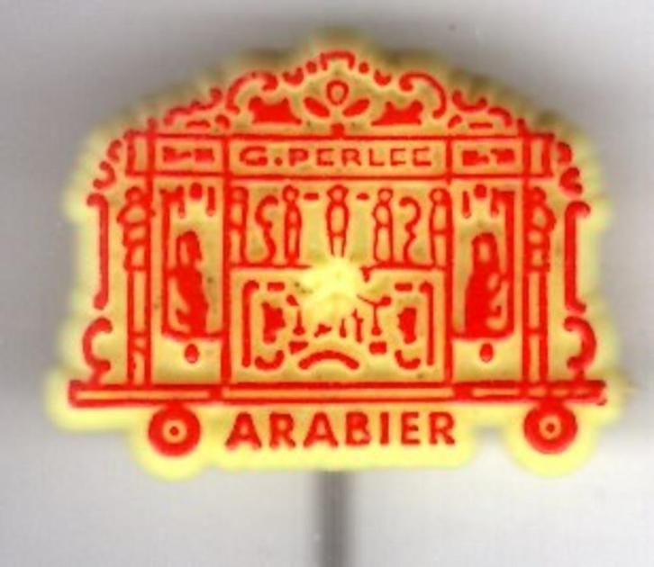 G. Perlee draaiorgel de ARABIER rood op geel speld ( W_537 ), Verzamelen, Speldjes, Pins en Buttons, Nieuw, Speldje of Pin, Merk