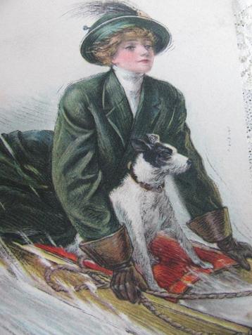Antieke Glamour Kaart uit 1914 - Dame met Hond op de Slee beschikbaar voor biedingen