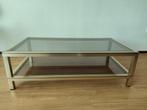 Glazen salontafel met messing frame, Ophalen, Gebruikt, 100 tot 150 cm, 50 tot 100 cm