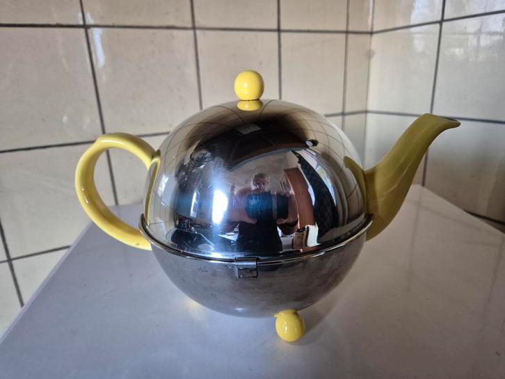 Bredemeijer keramiek theepot geel met rvs mantel en viltl, Huis en Inrichting, Keuken | Servies, Zo goed als nieuw, Overige typen