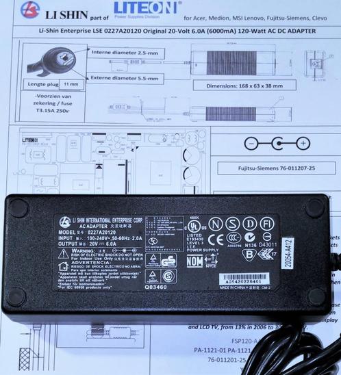Li Shin 0227A20120 20V 4.5A 6A 120W Lifebook IdeaPad Adapter, Computers en Software, Laptop-opladers, Zo goed als nieuw, Ophalen of Verzenden