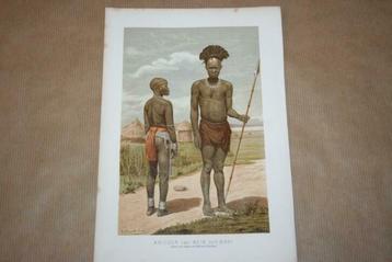 Antieke kleurenlitho - Man en vrouw Bari stam (Soedan) 1890!
