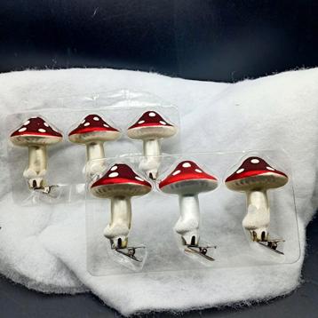 6 Fraaie Glas Kerst Ornamenten  Paddenstoel op Knijper 9cmh beschikbaar voor biedingen