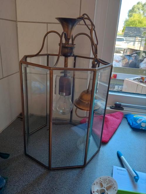 Geweldige hanglamp messing ingelegd met glas, Huis en Inrichting, Lampen | Hanglampen, Zo goed als nieuw, Minder dan 50 cm, Glas