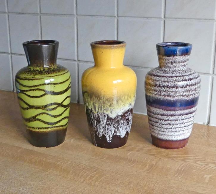 Scheurich 523-18 vazen trio vaas West-Germany geel groen, Huis en Inrichting, Woonaccessoires | Vazen, Gebruikt, Geel, Minder dan 50 cm