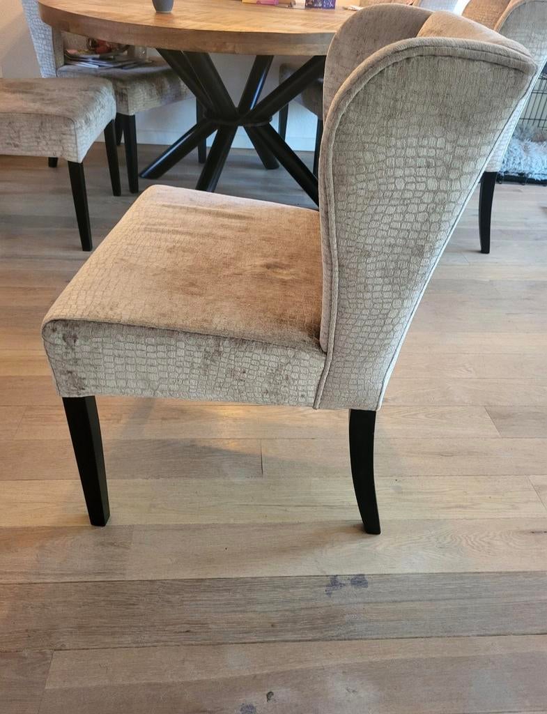 6 Metropole Stijl Eetkamerstoelen - Suede Croc Print, Huis en Inrichting, Stoelen, Ophalen, Gebruikt, Bruin, Metropole