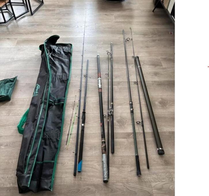 Foedraal + varia aan hengels, Watersport en Boten, Hengelsport | Witvissen, Zo goed als nieuw, Complete set, Ophalen