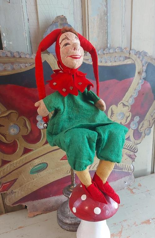 Superleuke Antieke handpop Harlequin,Nar, vilt ,45 cm, Antiek en Kunst, Antiek | Speelgoed, Ophalen of Verzenden