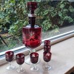 Geslepen kristal karaf met glaasjes rood en blank glas, Ophalen of Verzenden
