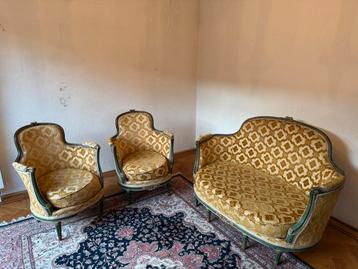 Vintage Louis XV Salon Set - Bank en Fauteuils Goud/Groen beschikbaar voor biedingen