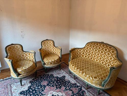 Vintage Louis XV Salon Set - Bank en Fauteuils Goud/Groen, Antiek en Kunst, Antiek | Meubels | Stoelen en Banken, Ophalen