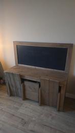 Steigerhouten kinder krijttafel met stoelen en kastje, Ophalen, Met wielen, Gebruikt, Bureau