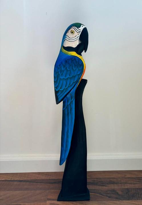 Houten gekleurde papegaai - BLAUW - HOOG +/- 60cm, Antiek en Kunst, Kunst | Beelden en Houtsnijwerken, Ophalen of Verzenden