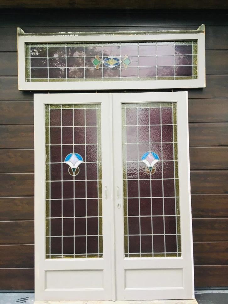 Glas in lood dubbele ensuite deuren met bovenlicht, Doe-het-zelf en Verbouw, Deuren en Horren, Gebruikt, Binnendeur, Glas, Hout