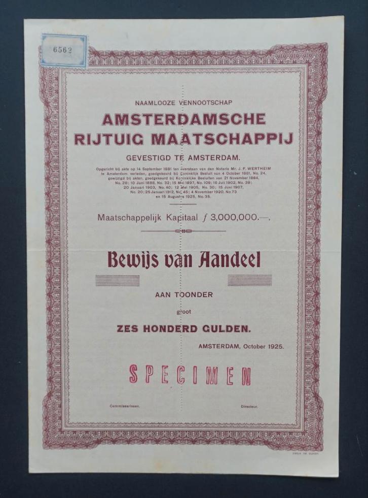 Amsterdamsche Rijtuig Maatschappij - 1925, Postzegels en Munten, Aandelen en Waardepapieren, Aandeel, 1920 tot 1950, Verzenden