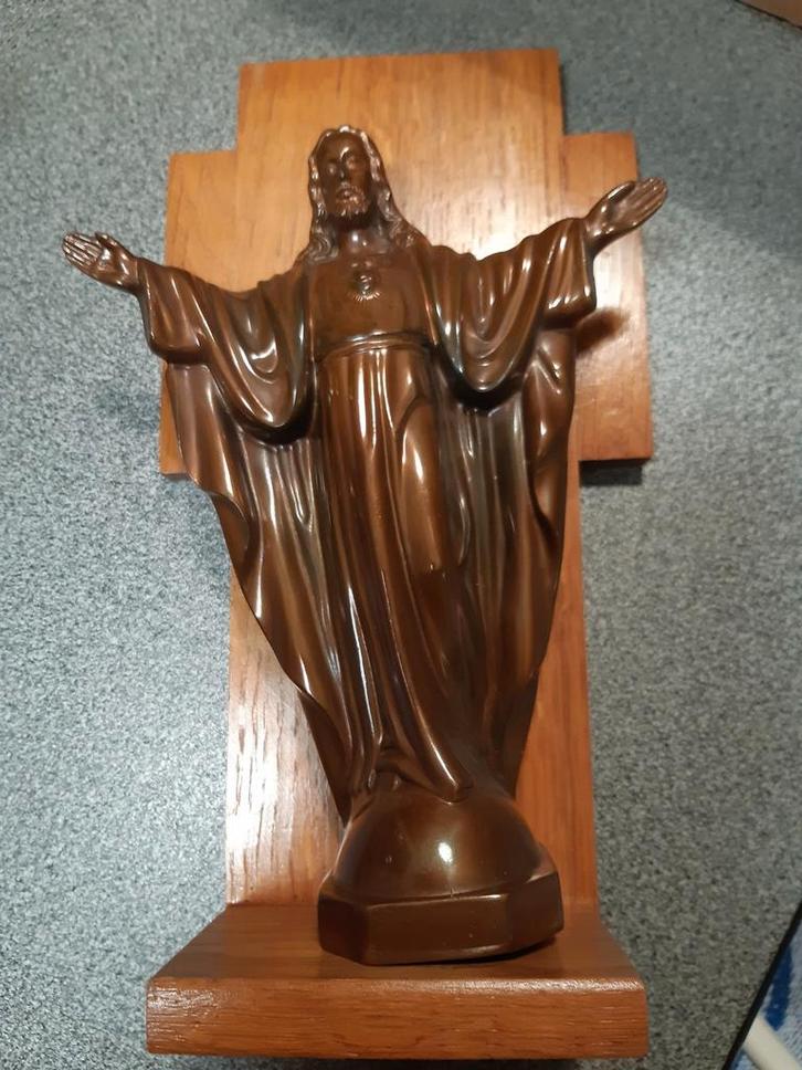 Jozef beeldje met houten kruis, Antiek en Kunst, Kunst | Beelden en Houtsnijwerken, Ophalen of Verzenden