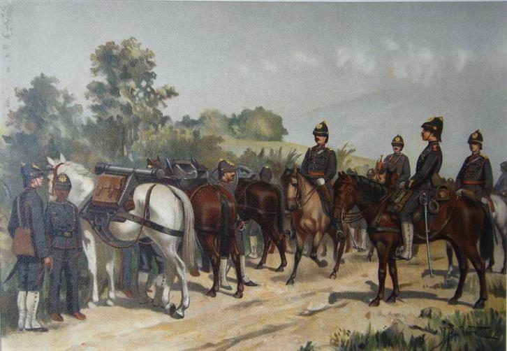 Pachtige prent van Bergartillerie leger Marschtenue 1896, Antiek en Kunst, Curiosa en Brocante, Ophalen of Verzenden