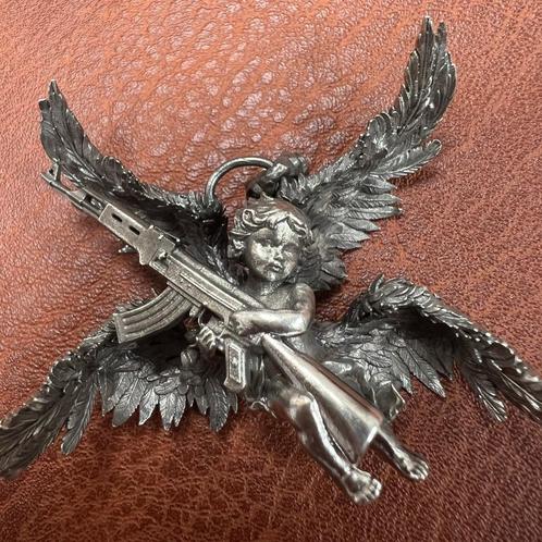 Engel met een Ak- 47 Kalasjnikov - 925 Zilver, Sieraden, Tassen en Uiterlijk, Kettinghangers, Nieuw, Zilver, Zilver, Kruis of Symbool