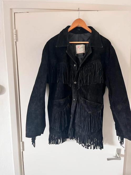 Zwarte leder/ suede jas met franjes , merk AMI, Kleding | Heren, Jassen | Zomer, Zo goed als nieuw, Maat 48/50 (M), Zwart, Ophalen of Verzenden