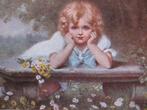 Antieke Kaart - Meisje / Bankje / Bloemen, Verzenden, Voor 1920, Ongelopen, Kinderen
