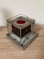 Art-deco vierkant Theelichtje met geetst glas op onderzetter, Antiek en Kunst, Curiosa en Brocante, Ophalen of Verzenden