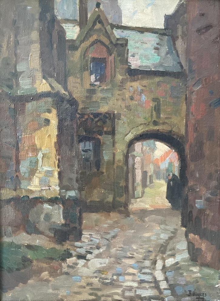 Ben Viegers (1886-1947 - Stadspoort  te Brugge, Antiek en Kunst, Kunst | Schilderijen | Klassiek, Ophalen of Verzenden