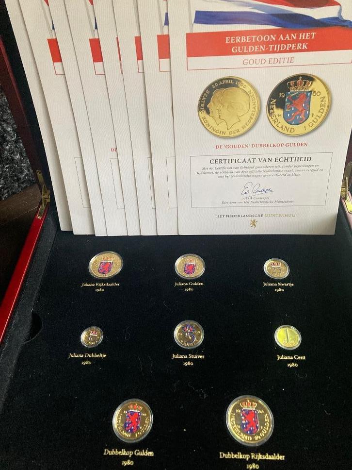 Nederlandse gulden set Juliana verguld, Postzegels en Munten, Munten | Nederland, Setje, Overige waardes, Koningin Juliana, Goud